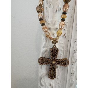 Tortolani Italy Rosary Cross Pearl Swarovski Necklace Beaded